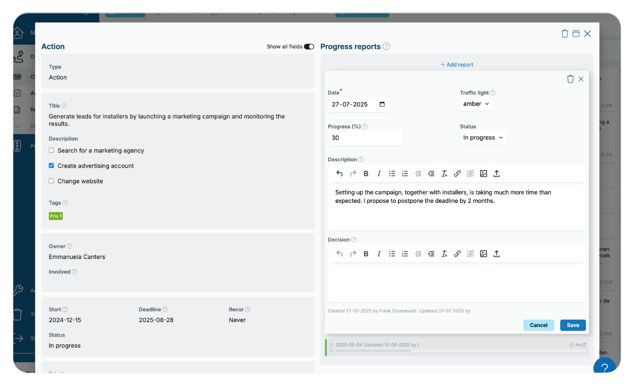 Create action progress report