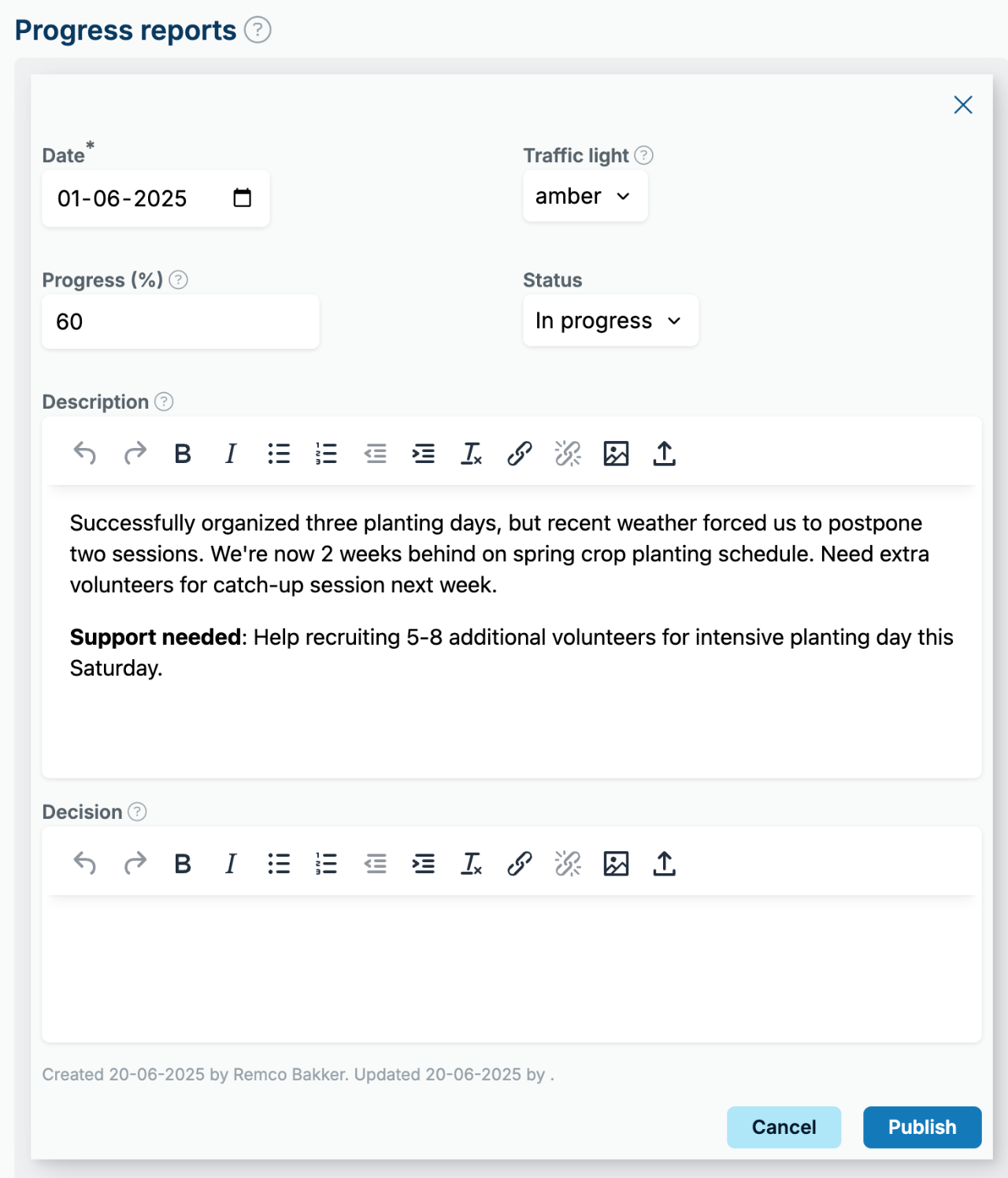 Add progress report to action