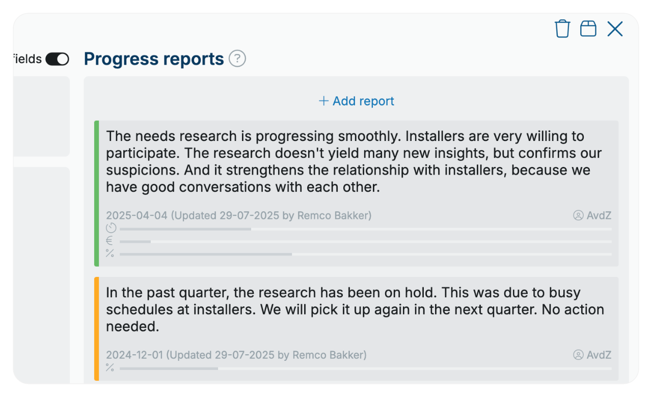 Progress reports of a project